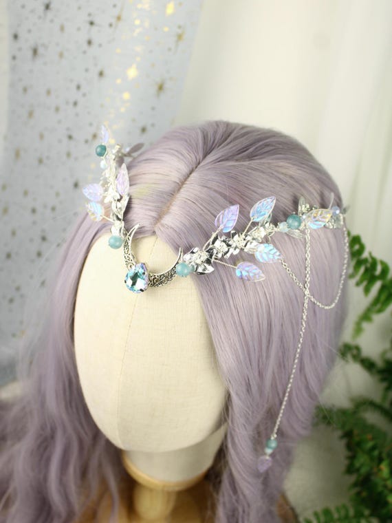 Silver Aquamarine Moon Tiara, Winter Elven Crown, Blue  display picture 2