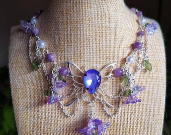 Wisteria gemstone choker with flower beads, Butterfly necklace, Whimsical layered necklace, Fairycore necklace, Cottagecore purple necklace