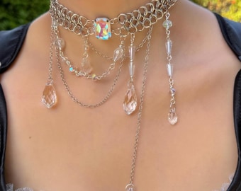 Asymmetrical Chainmail Choker Necklace, Crystal Statement  Fantasy Jewelry