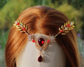 Red Elven Tiara Leaf, Crystal Fairy Headpiece, Gold Fantasy Star Crown