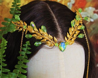 Green Elven tiara, Gold Woodland Fairy Circlet, Fantasy Headpiece