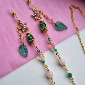 Pink and Green Glasses Chain, Floral Eyeglass Chain with Leaves, Fairycore Glasses Lanyard, Whimsical Glasses Chain, Rose Quartz Jewelry