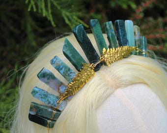 Moss Agate Crown, Green Crystal Fairy Tiara, Woodland Bridal Crown