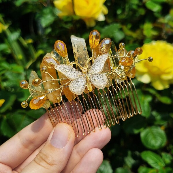 Pettine per capelli al quarzo citrino con perline, pettine per capelli da sposa Butterfly, accessori per capelli da sposa Gemstone, forcina per capelli Princess, forcina per capelli fantasia