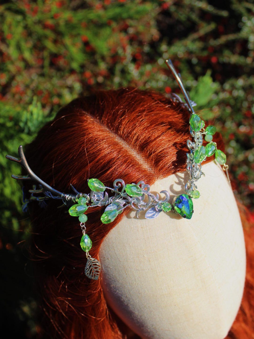 Green Woodland Fairy Tiara, Elven Antlers Crown, Fantasy  display picture 2