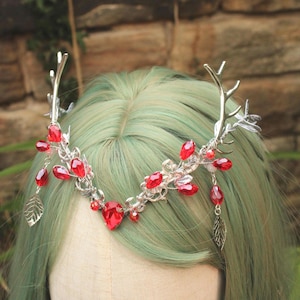 Red fairy tiara with antlers, Elven Tiara, Crystal Elf Headpiece, Fantasy bride tiara, Forest Fantasy Crown, Renfaire costume