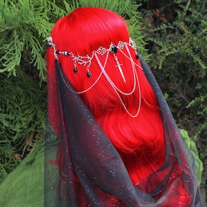 Gothic Bridal Veil Hair Chain, Black Celestial Headpiece, Dark Fantasy Wedding