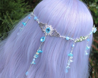 Something Blue Hair Chain, Aquamarine Bridal Headpiece, Bluebell Elven Wedding Hair Vine, Fantasy Fairy