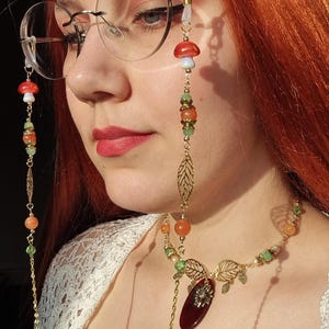 Mushroom Glasses Chain with Sunstone Beads, Handmade Magical Eyewear Accessory, Green and orange glasses chain, Goblincore accessory