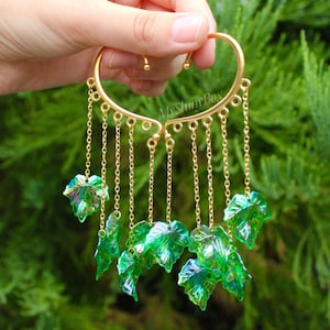 Efeublatt Ohrmanschette in Gold & Silber, kein Piercing, Grüne Elfe Ohrmanschette, Fairycore Ohrringe, Fantasy Ohrringe, Fantasy Ohrringe