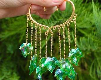 Ivy leaf ear cuff, Green elf ear wrap, Fairycore drop earrings, Fantasy dangles