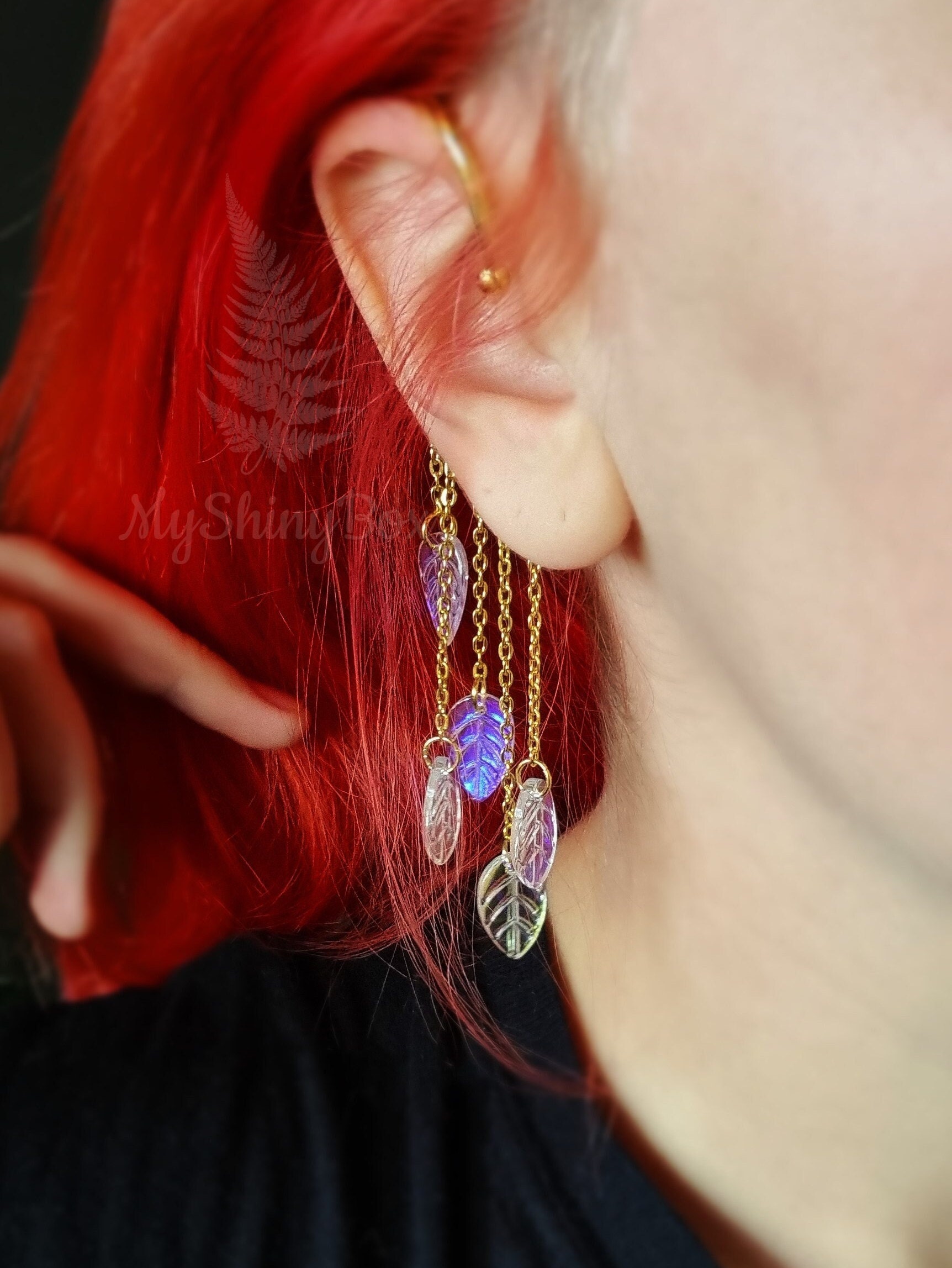 Iridescent Leaf Charm Ear Cuff, No Piercing Dangle Earring Iridescent Leaf Charm Ear Cuff, No Piercing Dangle Earring
