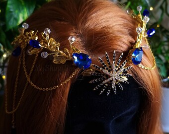 Royal Blue star circlet Crown, Elven Tiara, Elf Headpiece, Star Fairy Costume Circlet, Fantasy Wedding Crown, Handcrafted crown