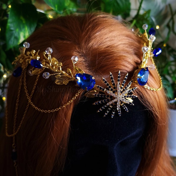 Royal Blue star circlet Crown, Elven Tiara, Elf Headpiece, Star Fairy Costume Circlet, Fantasy Wedding Crown, Handcrafted crown