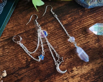Pendientes de cuarzo Aura Celestial con brazalete, pendientes de piedras preciosas extravagantes, pendientes colgantes de estilo Fairycore, joyas de luna