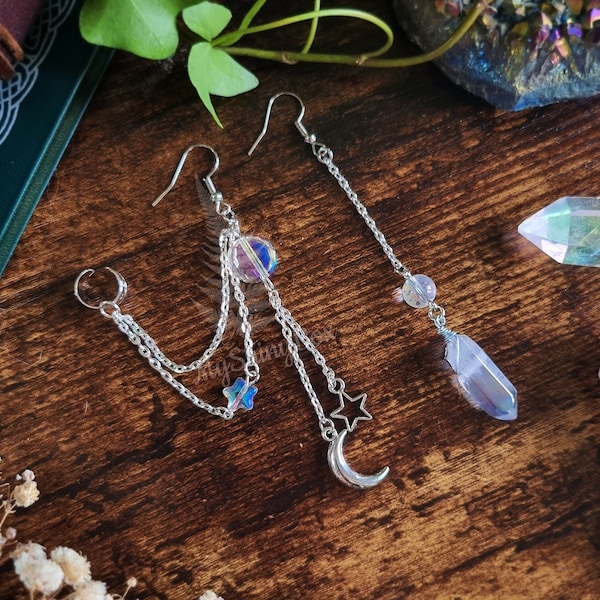 Dangling celestial Quartz Earrings with Chain Cuff, whimsical fairy earrings, fantasy whimsigoth earrings with quartz, artisan earrings