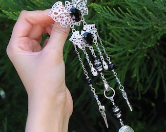 Gothic Chatelaine Brooch, Black Onyx Fantasy Crystal Pin, Victorian Jewelry, Dark Academia Accessory