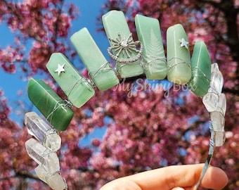 Couronne en cristal d'aventurine verte, diadème de mariage vert, accessoires de cheveux de fée, couronne de fantaisie, diadème en cristal, couronne de lune, accessoires de festival