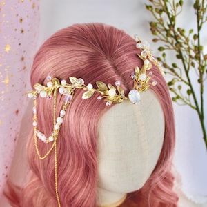 White Elven Tiara with Gold Leaves & Quartz crystals, Fantasy Headpiece, Crystal Bridal Circlet, Woodland Accessory, Arwen inspired tiara