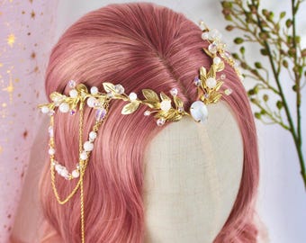 White Elven Tiara: Quartz crystals, Woodland Fantasy Headpiece, Crystal Bridal Circlet, Arwen inspired tiara