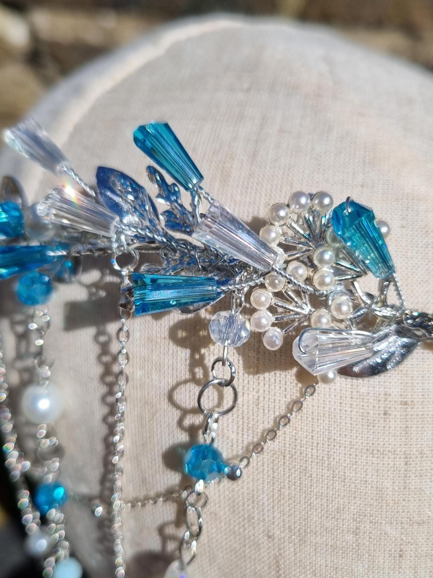 bridal headpiece, ocean blue crystal, princess tiara, silver tiara, fairy crown Blue Water Element Tiara, Mermaid Crystal Crown, Fantasy  main image 4