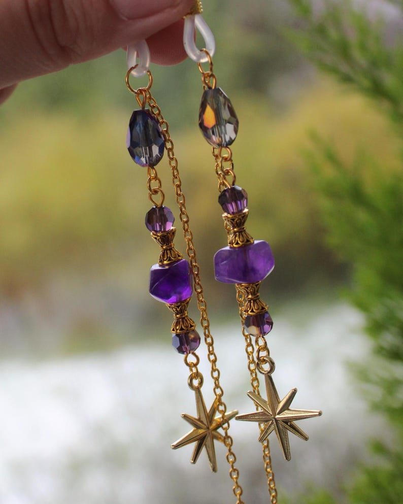 Cosmic Amethyst glasses chain, Purple Celestial eyeglass chain Gold