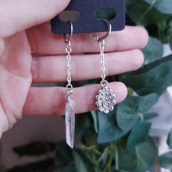 Minimalist silver white clear quartz crystal witchy earrings, wedding wiccan gypsy occult boho crystal accessories jewelry Earrings