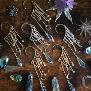 Fairy Rainbow ear cuff with iridescent beads - No piercing earring - Dangling Elf Fantasy ear cuff wrap - Celestial ear wrap cuff
