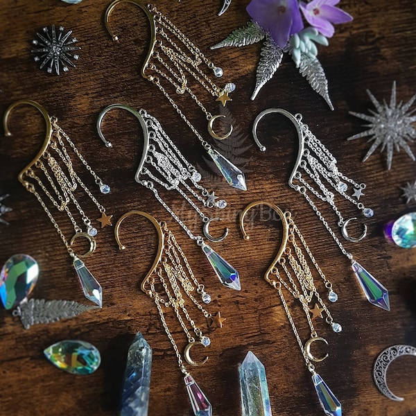 Brincos de pressão arco-íris com pingentes, brincos celestiais, brincos sem furo, brincos de elfo, brincos de fantasia