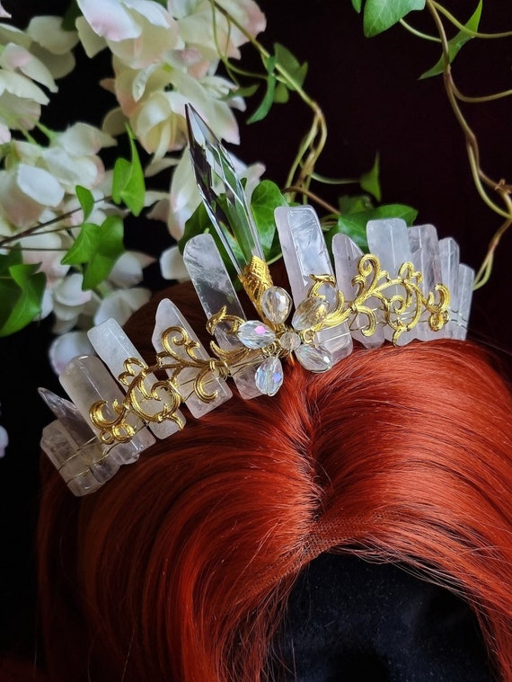 Rose Quartz Crystal Tiara Crown Headband Rose Quartz Crown in Gold or Silver, Boho Headband With  main image 2
