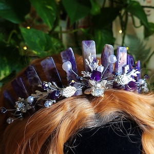 Amethyst crystal quartz crown, gemstone bohemian wedding tiara, Bridgerton inspired hairpiece, fantasy festival fairy crown, goddess crown