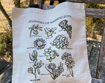 Wildflowers of Washington Screen Printed Tote Bag | 100% Cotton Canvas Tote | PNW Floral Bag | Beach Bags | Floral School Bag | PNW Tote Bag