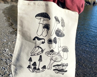 Mushroom Screen Printed Tote Bag | 100% Cotton Canvas Tote | PNW Mushroom Bags | Nature Beach Bags | Mushroom School Bags | Cute Shroom Bags