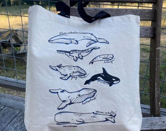 Whale Screen Printed Tote Bags | 100% Cotton Canvas Totes | PNW Whale Bags | Nature Beach Bags | Marine Life School Bags | Cute Beach Bags