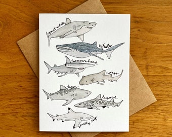 Shark Painting Card | Recycled Paper Shark Greeting Card | Watercolor Marine Life Card | Cute Shark Cards | Nature Cards | Cute Animal Cards