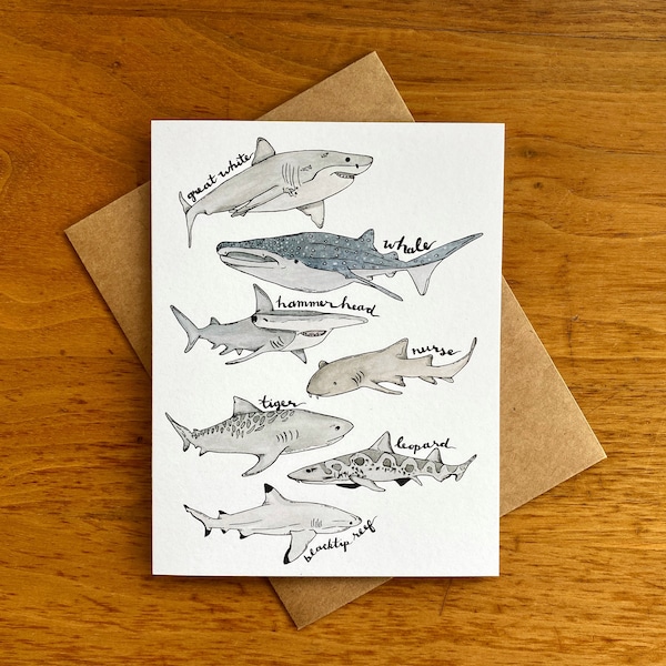 Shark Painting Card | Recycled Paper Shark Greeting Card | Watercolor Marine Life Card | Cute Shark Cards | Nature Cards | Cute Animal Cards