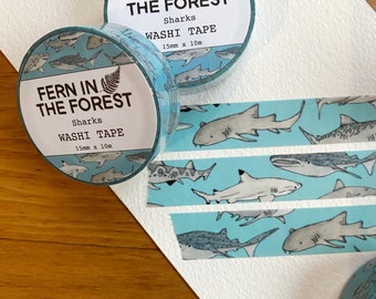 Watercolor Shark Washi Tape | Shark Removable Paper Tape | Cute Ocean Washi Tape | Marine Life Washi Tape | Illustrated Nature Washi Tape