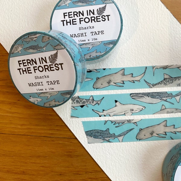 Watercolor Shark Washi Tape | Shark Removable Paper Tape | Cute Ocean Washi Tape | Marine Life Washi Tape | Illustrated Nature Washi Tape