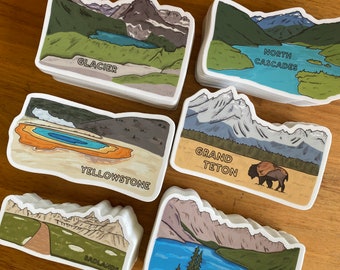 National Park Bundle- Illustrated Stickers | Banff Sticker | Wyoming Stickers | South Dakota Sticker | Washington Sticker | Montana Stickers