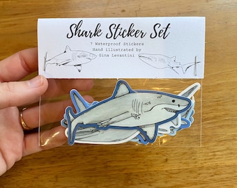 Watercolor Shark Sticker Pack | 7 Watercolor Shark Stickers | Gifts for Marine Lover | Sticker Set | Waterbottle Stickers | Planner Stickers