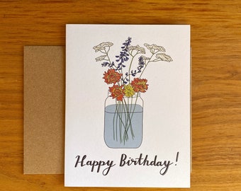 Flower Bouquet Birthday Card | Floral Greeting Card | Wildflower Birthday Botanical Art | Flower Happy Birthday Card | 2022 Card | Bday Card