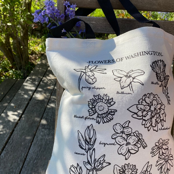 Wildflowers of Washington Screen Printed Tote Bag | 100% Cotton Canvas Tote | PNW Floral Bag | Beach Bags | Floral School Bag | PNW Tote Bag