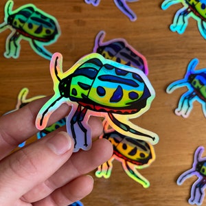Holographic Jewel Bug Sticker | 2.5&quot; x 2.22&quot; | Rainbow Beetle Sticker | Trippy Art | Rainbow Psychedelic Art | Vinyl Water Resistant Sticker