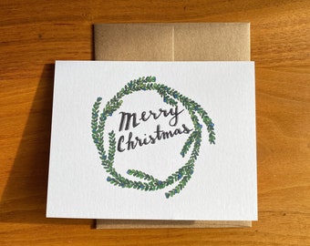 Merry Christmas Wreath Card | Wreath Christmas Card | Watercolor Christmas Wreath Greeting Card | Xmas Greeting Card