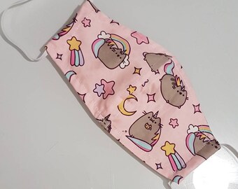 pink, pusheen, unicorn, fabric facemask, face mask, face cover, cotton, washable, elastic bands