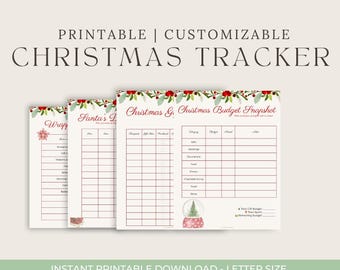 May include: Three printable Christmas tracker sheets with red and green floral borders. The sheets include sections for gift lists, budget snapshots, and wrapping details. Text on the sheets includes "Christmas Tracker", "Santa's List", and "Christmas Budget Snapshot".