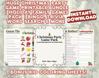 Op de afbeelding: Een afdrukbare kerstfeestspelbundel met vakantiefamiliespellen. De bundel bevat bingo, trivia, woordzoekers en meer. De omslag van het spelpakket zegt "Christmas Party Game Pack, Fun printable games for the whole family". Bonus kleurplaten voor kinderen zijn inbegrepen.