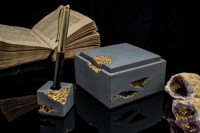 Square Custom Concrete Box with Gold Erossions image 3