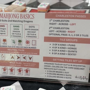 May include: A close-up of a Mahjong Basics guide with instructions on Charleston passes, tile groups, and getting tiles set up. The guide is surrounded by Mahjong tiles. The guide includes information on the suits and dragons.