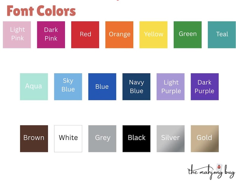 Op de afbeelding: Een kleurenkaart met de titel "Font Colors" met een verscheidenheid aan kleurstalen. De stalen omvatten lichtroze, donkerroze, rood, oranje, geel, groen, teal, aqua, hemelsblauw, blauw, marineblauw, lichtpaars, donkerpaars, bruin, wit, grijs, zwart, zilver en goud.